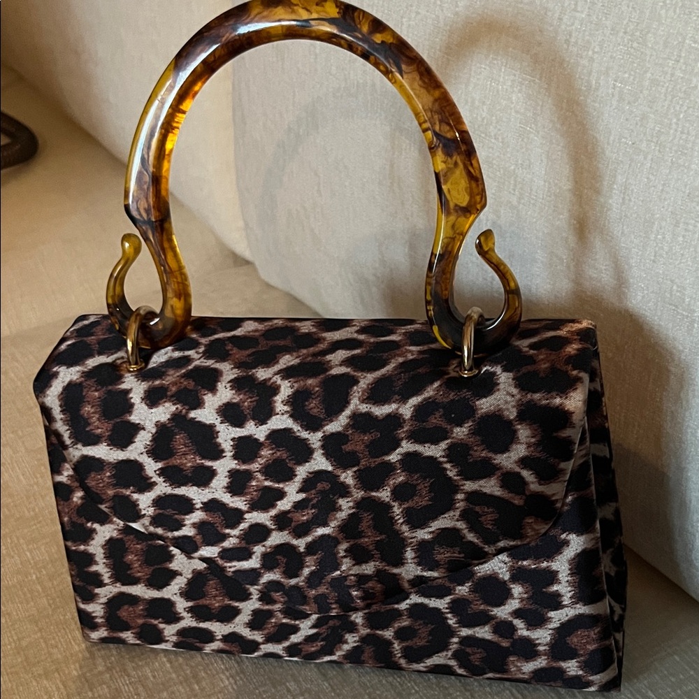 Leopard Print Clutch with Tortoiseshell Handles